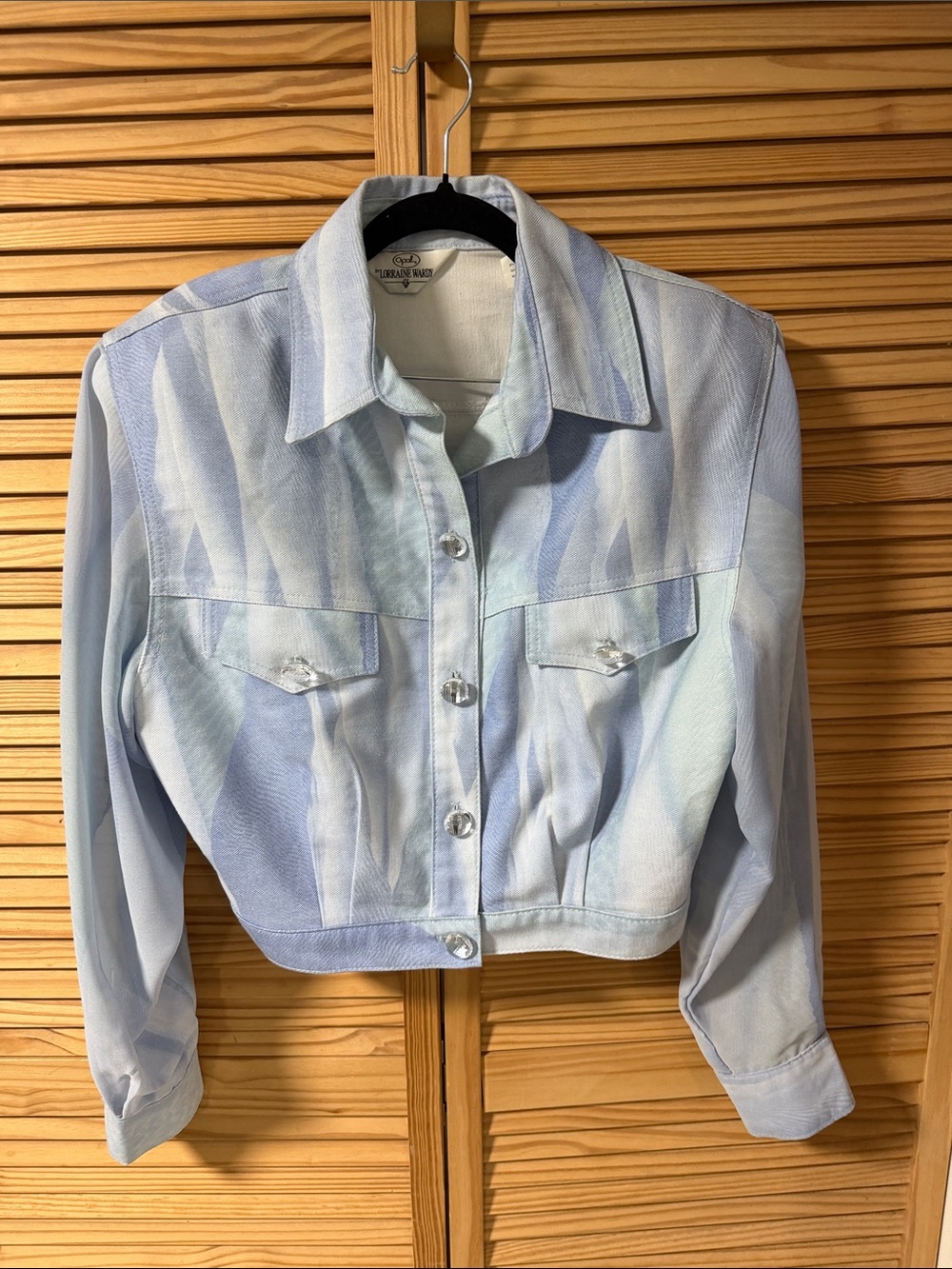 Light Blue Cropped Button-Front Women's Shirt Jacket with sheer sleeves